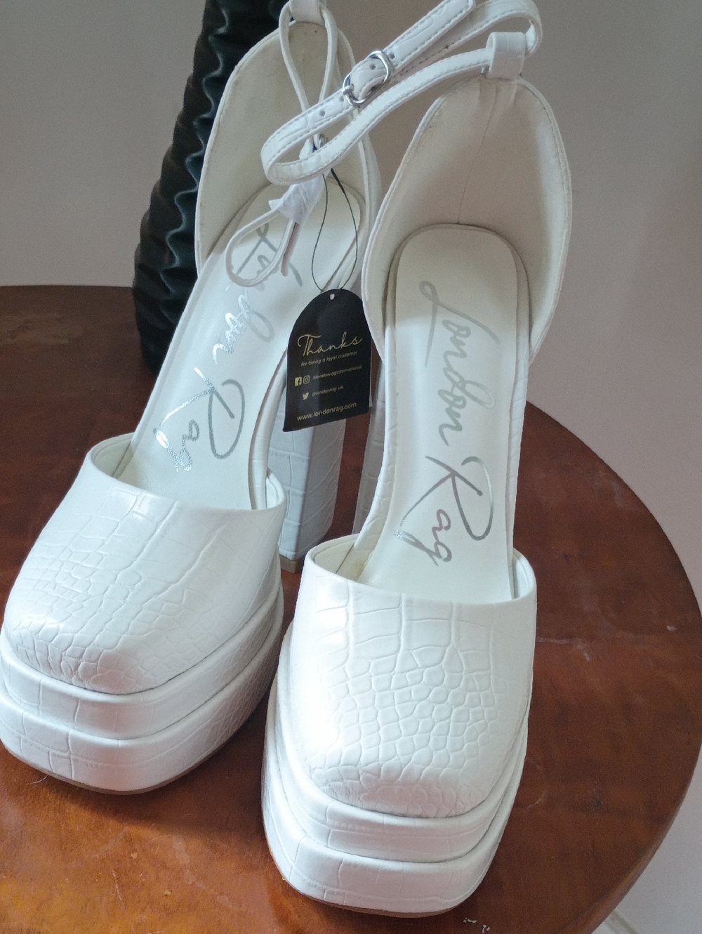 London Rag Tempt Me White Croc-Embossed Sky-high Ankle Strap Platform Heels